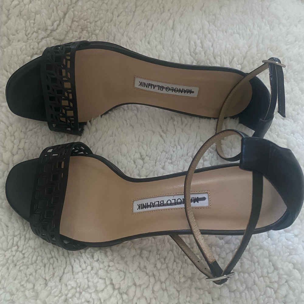 Manolo Blahnik Black Strappy Open-Toe Kitten Heel Sandals - Picture 3 of 5